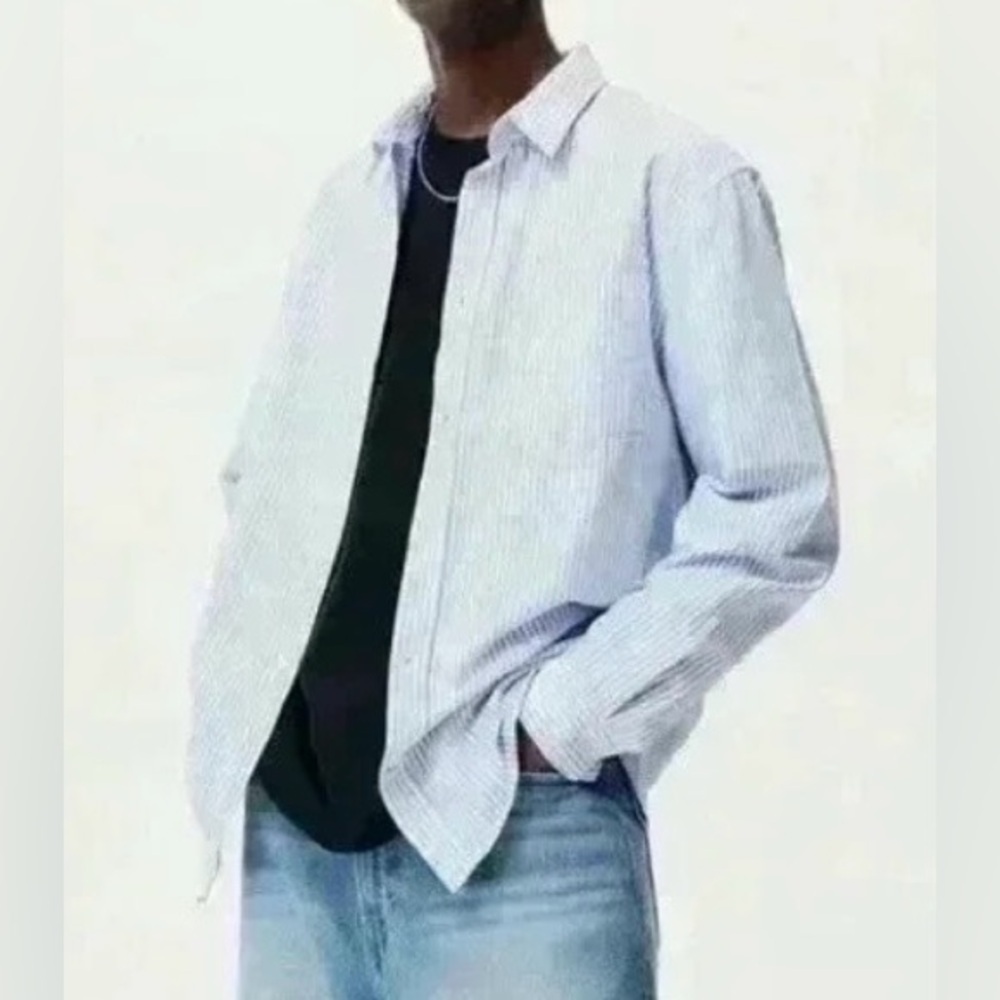 H&M men’s button-down long sleeve shirt; baby blue and white stripes